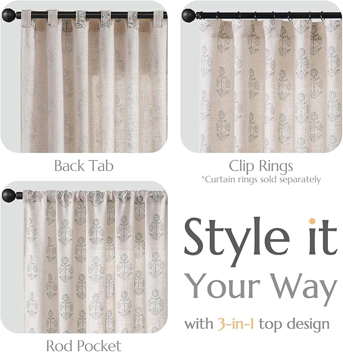 jinchan Linen Floral Curtains for Living Room 63 Inch Length Gray Flower Cottage Core Farmhouse Curtains Rod Pocket Back Tab Boho Semi Sheer Window Drapes Bedroom Set 2 Panels Grey on Beige - Image 6