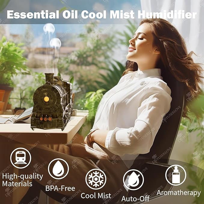 Diffuserlove Essential Oil Diffuser 300ML Train Cool Mist Humidifier Quiet Aromatherapy Diffuser with Night Light for Bedroom Desk - Image 3