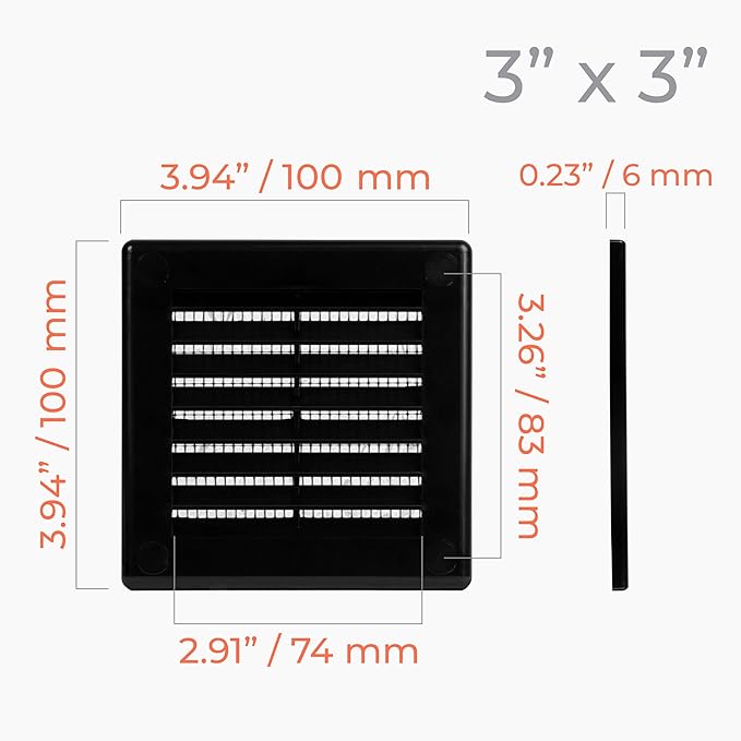 2-Pack 4" x 4" (Outer Size) Square Air Vent Cover – Black Plastic Vent Deflector - Screen Mesh, Surface Mount Wall Ceiling – Cold Air Return Soffit Air Vent Cover - Register Indoor Outdoor - Image 4