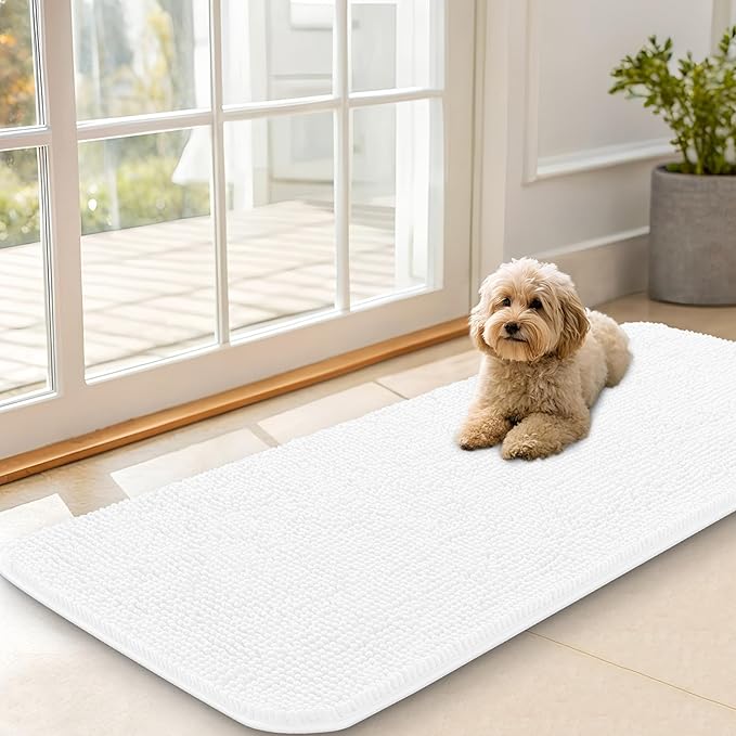 OLANLY Dog Door Mat for Muddy Paws 47x20, Absorbs Moisture and Dirt, Absorbent Non-Slip Washable Doormat, Quick Dry Chenille Mud Mat for Dogs, Entry Indoor Entryway Carpet for Inside Floor, White by OLANLY