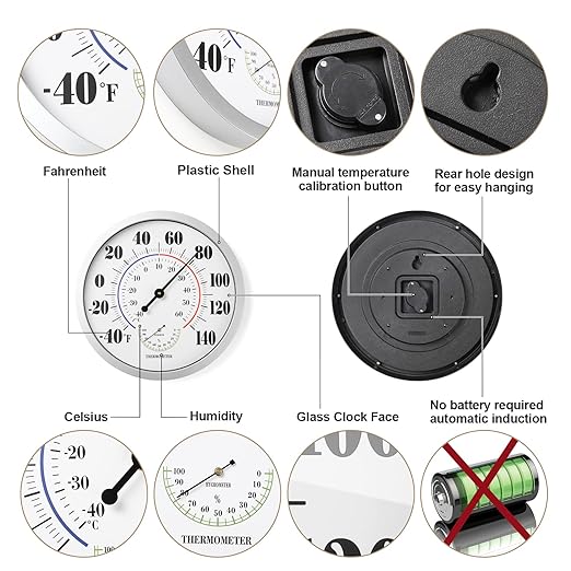 Indoor Outdoor Thermometer Wall Large Numbers Thermometer No Battery 12" Hanging Digital Weather Hygrometers for Home Garden Outside Patio Decor (Silver) - Image 4