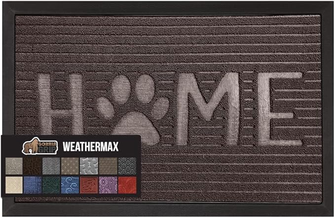 GORILLA GRIP 100% Waterproof All-Season WeatherMax Doormat, 47x35, US Designed Natural Rubber, Stain and Fade Resistant, Low Profile Indoor Outdoor Door Mats, Easy Clean Patio Mat, Espresso Home Paw by GorillaGrip