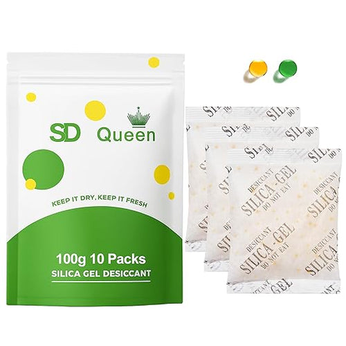 10-Pack 100g Extra Large Silica Gel Packets – Premium Rechargeable Desiccant with Color Indicating Beads for Cabinets, Tool Kits, Storage Boxes & Equipment by SD+Queen