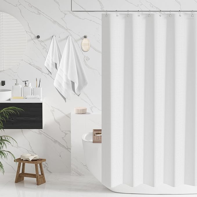Resin White Bathroom Set, White Bathroom Accessories Set with Shower Curtain, Bath Towel Set, Natural Loofah Sponge, Soap Dispenser, Toothbrush Holder, Bathroom Tumbler and Tray for Bathroom - Image 2