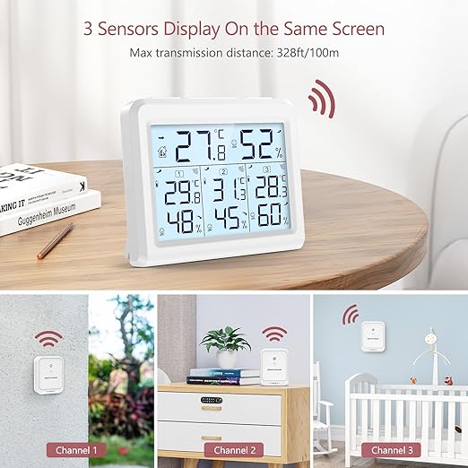 LOFICOPER Indoor Outdoor Thermometer Wireless, Digital Temperature Humidity Meter, Indoor Hygrometer Thermometer with 3 Sensors, Max/Min Record, Comfort Indicator, Backlight, for Home Office Bar - Image 4