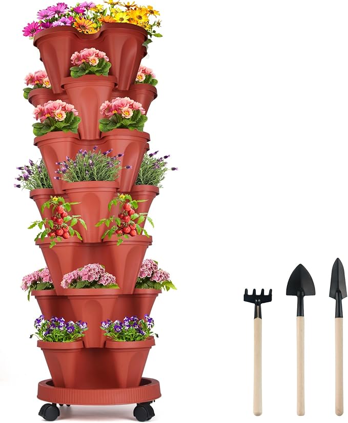 DUNCHATY Stackable Planters 7 Tier Vertical Garden Planting Tower Planters Strawberry, Herb, Flower, and Vegetable Planter Indoor Outdoor Gardening Pots with Removable Wheels and Tools by DUNCHATY