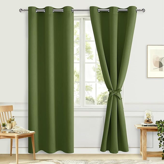 Hiasan Blackout Curtains for Bedroom, 42 x 84 Inches Long - Thermal Insulated & Energy Saving Window Curtains for Living Room, 2 Drape Panels Sewn with Tiebacks, Olive Green by Hiasan