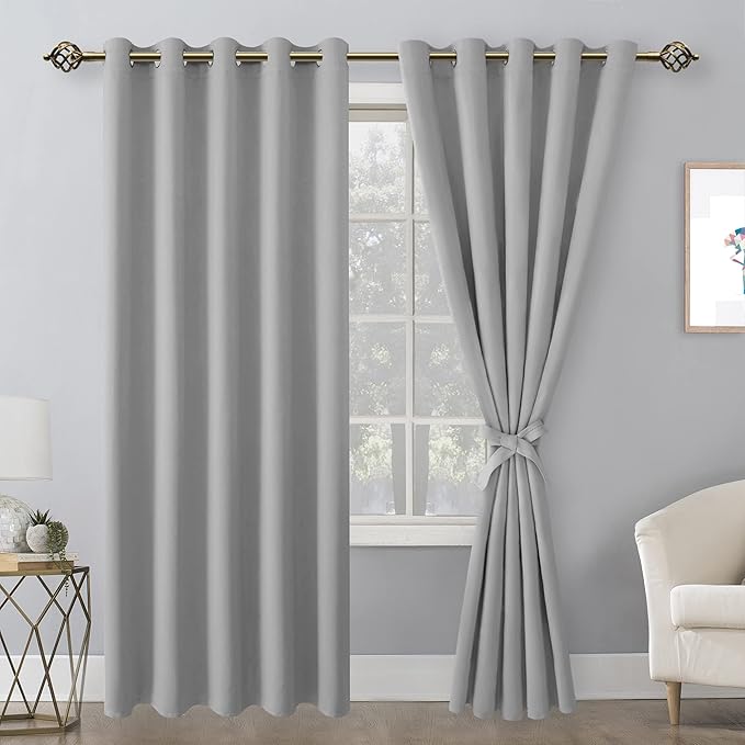 Hiasan Blackout Curtains for Bedroom, 60 x 84 Inches Long - Thermal Insulated & Light Blocking Window Curtains for Living Room, 2 Drape Panels Sewn with Tiebacks, Silver Grey - Image 2