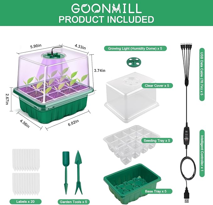 GOONMMILL Seed Starter Tray with Timed Grow Light, 5 Packs Plant Starter Tray Seedling Starter Kit with Humidity Domes Base Indoor Greenhouse Mini Propagator Station for Seeds Growing Starting - Image 5