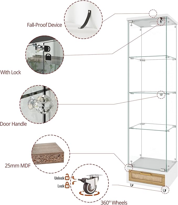 Yoluckea 4 Tiers Glass Display Cabinet with LED Lighting and Drawer, 1 Door Floor Standing Curio Cabinet with Wheel for Home, Office, Corner Display, White Glass Bookshelf for Collections and Decor - Image 4