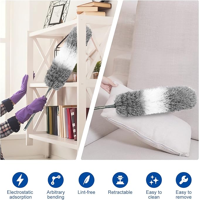 Microfiber Feather Dusters for Cleaning, Extendable Duster with 110" Extension Pole & 2pcs Replaceable Bendable Head, Cleaner Supplies Duster Tool for Ceiling Fan Furniture Cars Home Kitchen Gadgets - Image 6