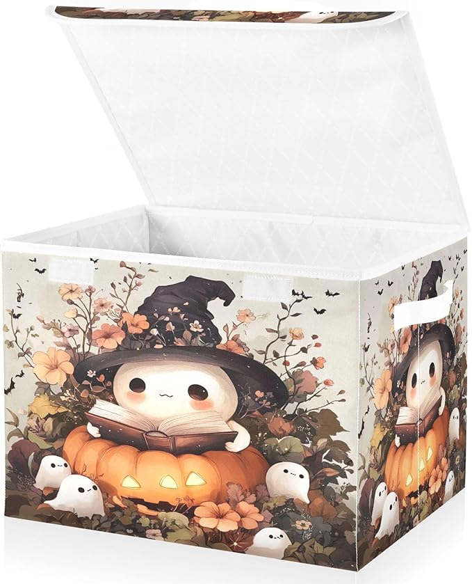 xigua Ghost Wearing Witch Hat Storage Bins with Lids and Carrying Handle,Foldable Storage Boxes Organizer Containers Baskets Cube with Cover for Home Bedroom Closet Office - Image 2