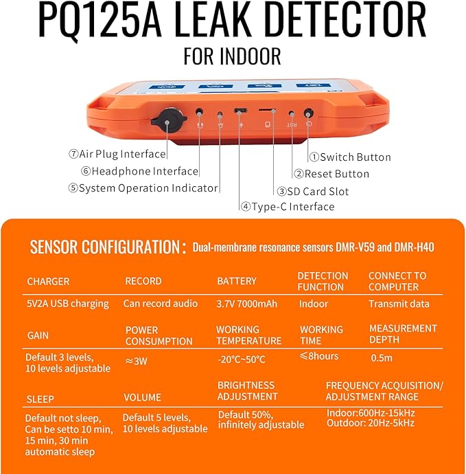 PQWT Underground Water Leak Detectors for Home PQ125A Wall Pipe Water Leakage Detection with Touchscreen Earphone and Carrying Case Multi Sensor Acoustic Pipeline Sound Intensifier - Image 5
