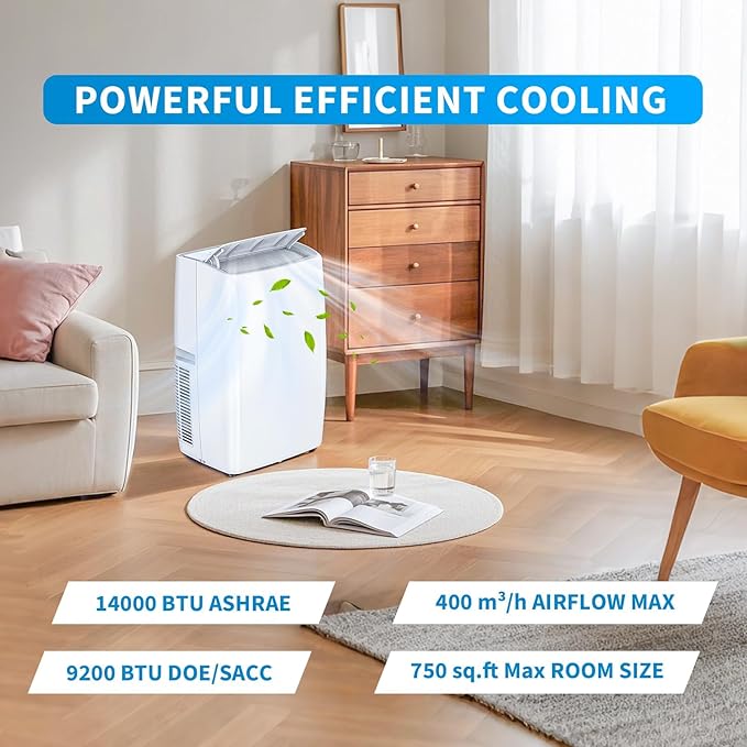 GarveeHome 14000 BTU Portable Air Conditioner, Quiet Portable AC Unit with Fan & Dehumidifier, Cooling Cools Room up to 750 sq.ft, Air Conditioner with Remote & 24H Timer for Rooms, Bedroom, Office - Image 5