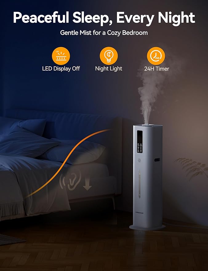 VAGKRI 12L Large Room Humidifier, 120H Long Lasting Cool Mist, 3 Mist Levels, Auto Humidity Adjustment, Top Fill Design with Essential Oil Tray for Bedroom, Home, Plants, Baby - Image 7