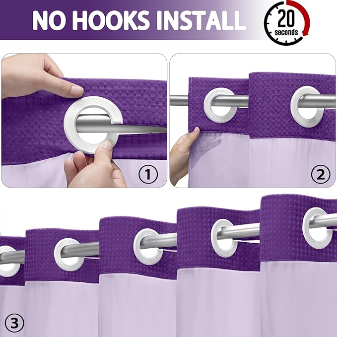 No Hook Shower Curtain and Liner Set,Deep Purple Hotel Waffle Shower Curtain with Liner 75" L x 72" W - Image 2