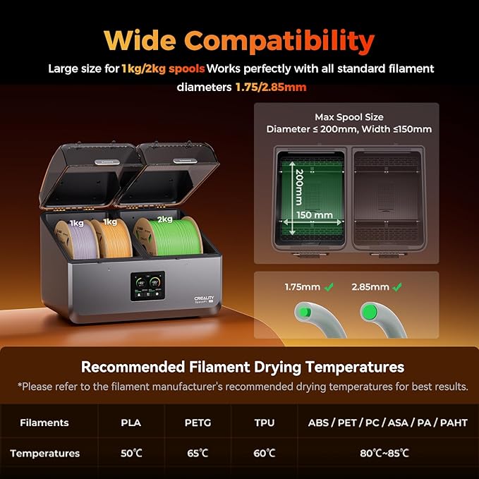 Creality Filament Dryer Box 4 Spool, SpacePi X4 3D Printer Filament Storage Box, Dual Independent Heating Chambers, Rapid Heating Up to 85℃, Active Dehumidification, for PLA,PETG,ABS,TPU,Nylon,etc - Image 6