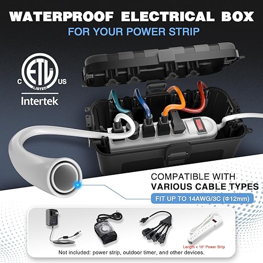 Flemoon Medium Outdoor Electrical Box (11.5x5.2x4 inch), IP54 Waterproof Extension Cord Cover w/6 Cable Entry Ports, Weatherproof Connection Box for Power Strip, Timer, Plug, Holiday Lights, Black - Image 2