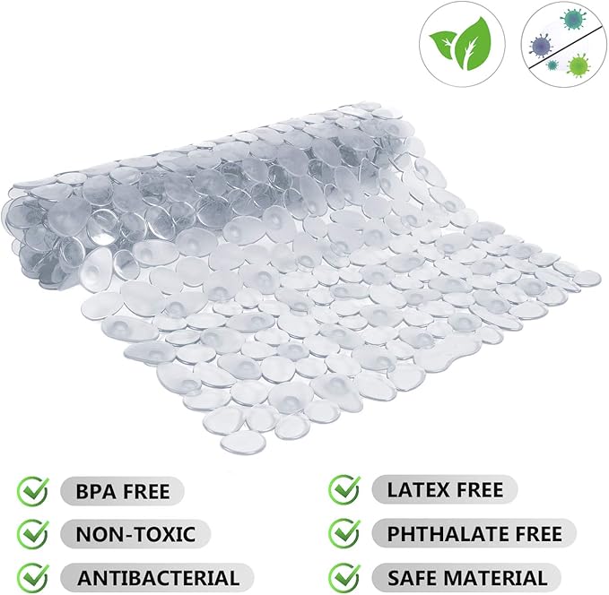 WELTRXE Non Slip Bath Mat Pebbles Bathtub Mat with Suction Cups, Drain Holes for Bathroom Showers, Tub, 35 x 16 Inches Machine Washable Bathroom Mats BPA, Latex Free Safe Shower Mats - Clear - Image 4