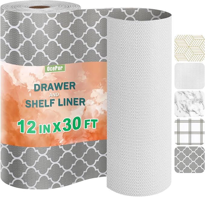 OcePor Non-Adhesive Drawer and Shelf Liner 12IN x 30FT，Non Slip Cabinet and Cupboard Liner, Kitchen Cabinet Liners for Shelves, Waterproof Drawer Shelf Liners for Cabinets/Bathroom Cupboard by OcePor
