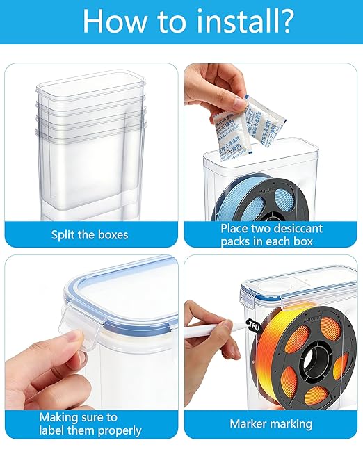 Filament Storage Box 4 Pack for 3D Printer Filament Storage Container Portable with Desiccants and Label Water-Proof Dust-Proof for 1.75mm Filament Transparent Blue - Image 3