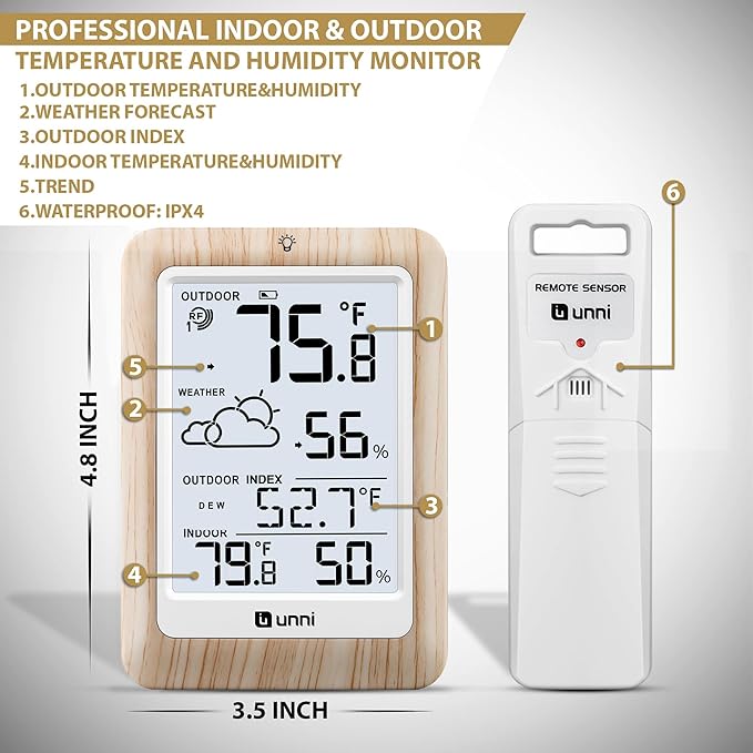 Indoor Outdoor Thermometer Wireless Weather Station, Temperature Humidity Monitor Battery Powered Inside Outside Thermometers with 330ft Range Remote Sensor and Backlight Display（Wood） - Image 6