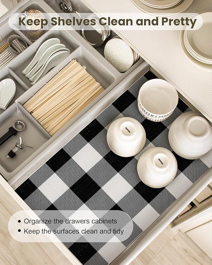 Shelf Drawer Liner for Kitchen Cabinets Non-Adhesive Non-Slip, Hide Stains & Scratches, Strong Grip Thickened Gingham Cabinet Liners for Shelves, Dresser, Cupboard, Pantry, Black/White, 23.6In x 30FT - Image 3