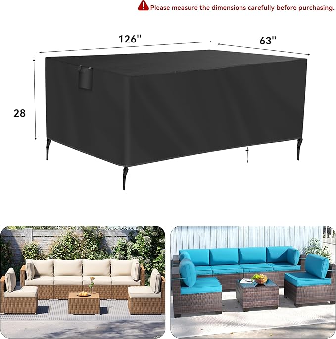 TUOKING Outdoor Furniture Covers Heavy-Duty 420D Waterproof Cover,All-Weather Patio Furniture Protector for Sofa,Chairs & Table-UV-Resistant,Anti-Tear Dustproof Covers (Black, 126"L x 63"W x 28"H) - Image 2