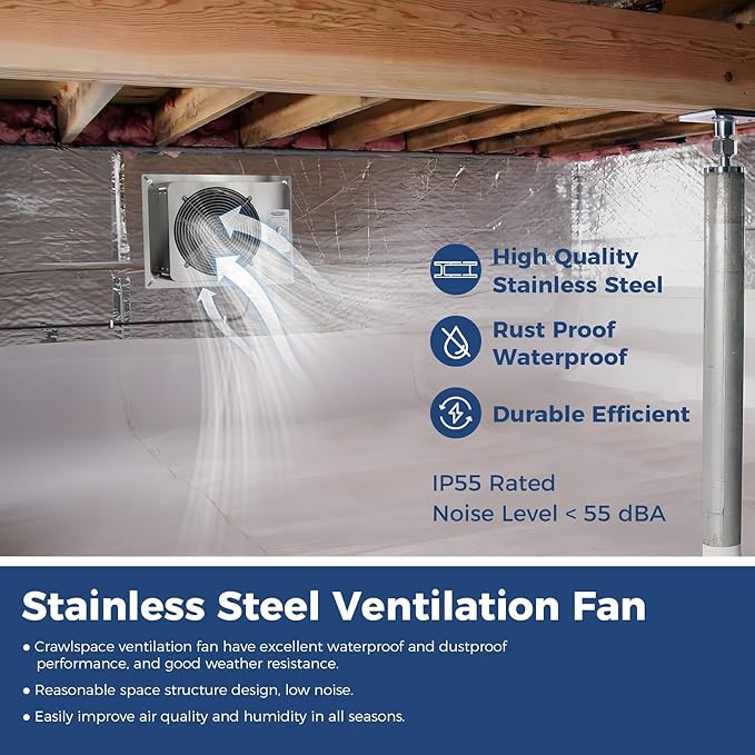 ALORAIR 780CFM Crawlspace Ventilation Fan with Humidistat, IP55 Rated Basement Stainless Steel Exhaust Fan, Built-In Isolation Net 9.13 Inch Foundation Vent Fan for Crawl Space,Garage,Attic,Grow Tent - Image 2
