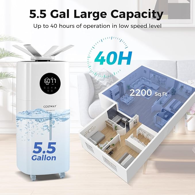 COSTWAY 21L/5Gal Humidifier for Large Room, Top Fill Whole House Humidifier, 3 Mist Levels, Extension Tube, 360° Nozzles & Remote Control for Bedroom, Plants - Image 3