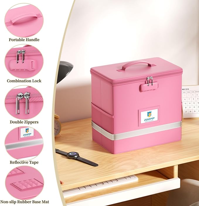 Fireproof File Box with Lock, Document Box Storage Organizer, Suitable for Hanging File Folders in Letter Size, Collapsible File Box, Reflective Strip for Fast Find (12.2"*6"*10.2, Pink) - Image 6