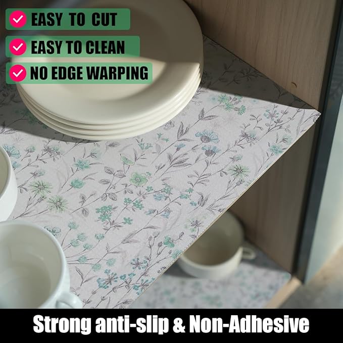 Blue and Green Floral Shelf Liners Non Adhesive and Strong Non-Slip Shelf and Drawer Liners for Kitchen Cabinet Wire Fridge, Waterproof Shelf Drawer Liner,Easy to Clean,12IN x 10FT - Image 2