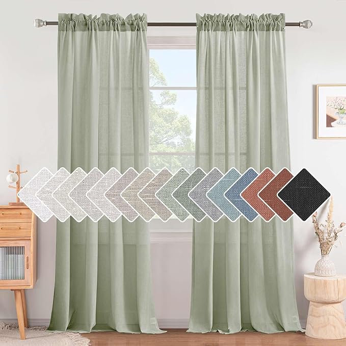 H.VERSAILTEX Sage Linen Curtains 108 Inches Long for Living Room 2 Panel Set Rod Pocket Top Drapes Light Weight Cotton Textured Semi Sheer Curtain for Large Window Patio Door Vertical 9 FT Tall by HVERSAILTEX