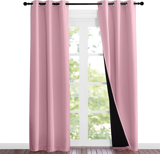 NICETOWN 100% Blackout Short Curtains with Black Liners, Solid Thermal Insulated Full Blackout 2-Layer Lined Drapes, Energy Efficiency Window Drapes for Bedroom (2 Panels, 37"W by 84"L, Crystal Pink) by NICETOWN