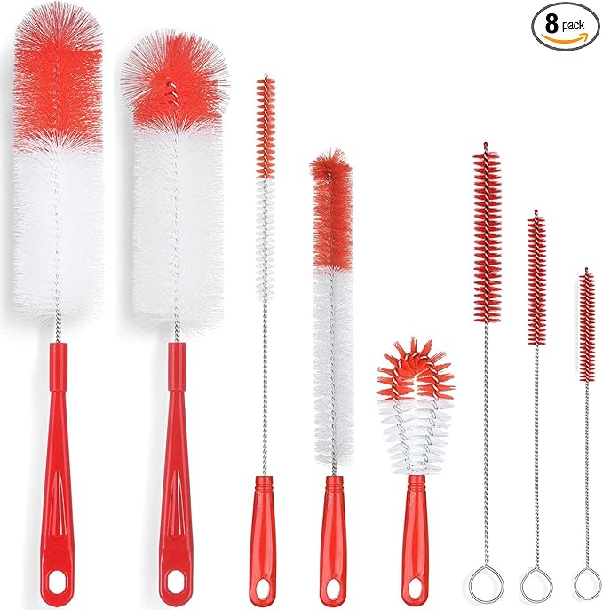 ALINK 8-Pack Red Bottle Brush Cleaner Set - Long Cleaning Brush for Narrow Neck Wine/Beer Bottles, Thermos, Hummingbird Feeder, Spout, Lids and Straws by ALINK