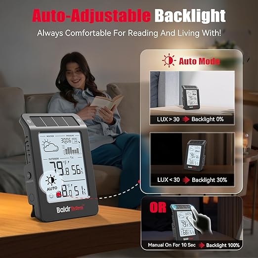 BaldrTherm Wireless Weather Station, Dual-Zone Indoor & Outdoor/Childroom Temp Humidity Monitor, Auto Smart Backlight,Temp/Humidity/Barometric Trend Visualization, Black&White - Image 3