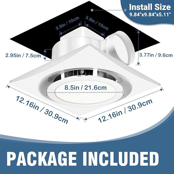 Bathroom Exhaust Fan with Light, 110 CFM, 1.0 Sones, 12.16” Ceiling Vent Fan with 20W LED Light, 3 Adjustable Color Temperatures, Ideal for Bathrooms and Toilets - Image 5