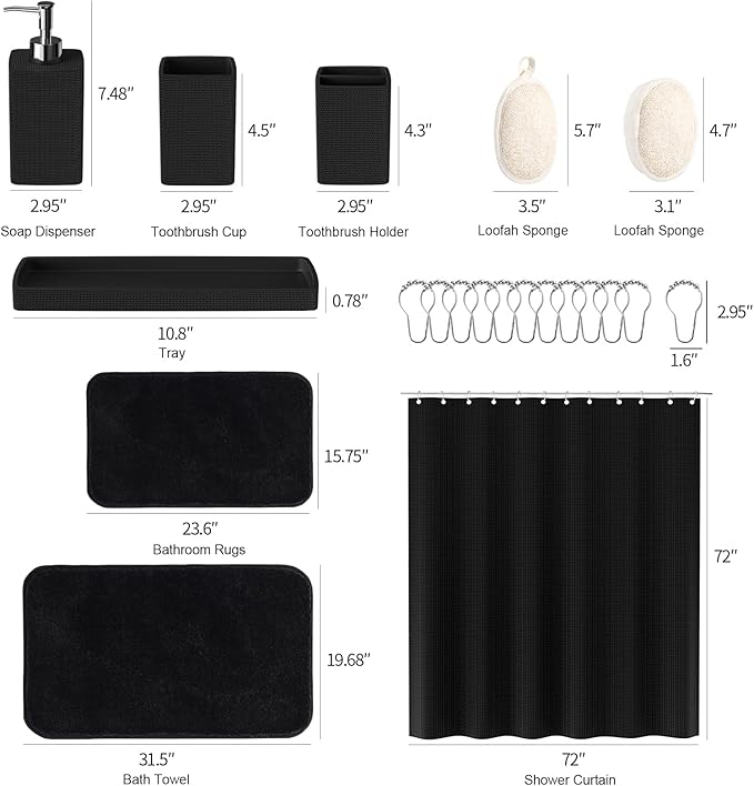 Black Bathroom Sets, Black Bathroom Accessories Set with Shower Curtain and No-Slip Bath Rugs, Natural Loofah Sponge, Soap Dispenser, Toothbrush Holder, Bathroom Tumbler and Tray for Bathroom - Image 8