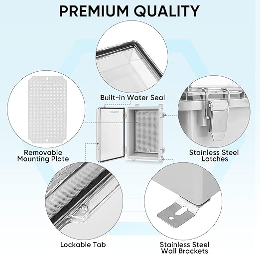 TICONN Outdoor Electrical Box Waterproof, Junction Box IP67 ABS Plastic Enclosure with Hinged Cover with Mounting Plate, Wall Brackets, Cable Glands (Clear, 10.2"x6.3"x3.9") - Image 4