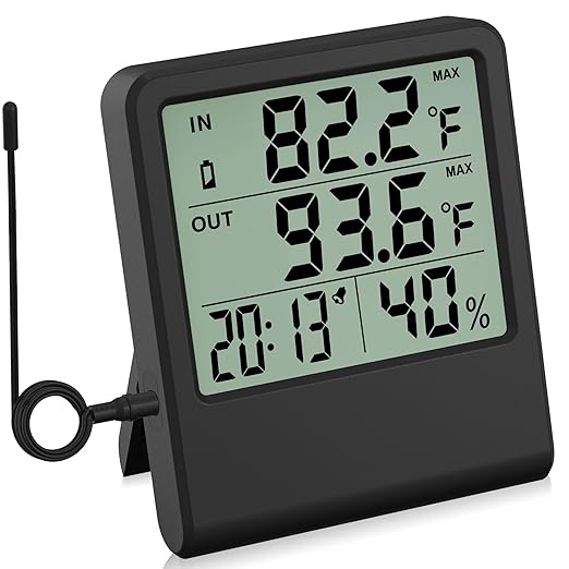 4-in-1 Thermometer Hygrometer with Alarm Clock, Large LCD, 1.5 m Waterproof Probe for Fridge/Greenhouse/Aquarium, 10-Second Refresh, Max/Min, °C/°F, Wall/Desk/Magnetic Mount by KJMOPRO