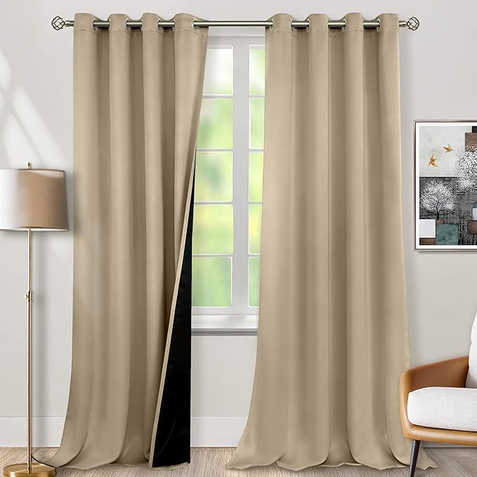 BGment Thermal Insulated 100% Blackout Curtains for Bedroom with Black Liner, Double Layer Full Room Darkening Noise Reducing Grommet Curtain (52 x 108 Inch, Sand, 2 Panels) by BGment