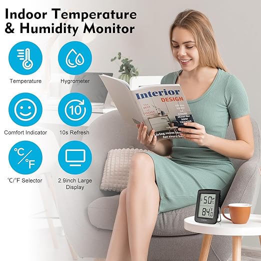 Digital Hygrometer Indoor Thermometer Humidity Meter Room Thermometer with Large Number Display,Temperature and Humidity Monitor for Home,Baby Room, Bedroom, Office, Greenhouse (Black) - Image 2