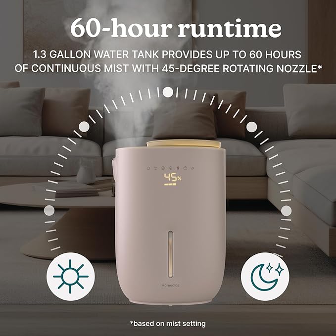 Homedics Natura Ultrasonic Warm & Cool Mist Humidifier, 1.3-Gal for Large Rooms, 60-Hr Runtime, Plant Holder, Programmable Humidity, Auto Shutoff, Nightlight Small Plant Compatible(Plant Not Included) - Image 5