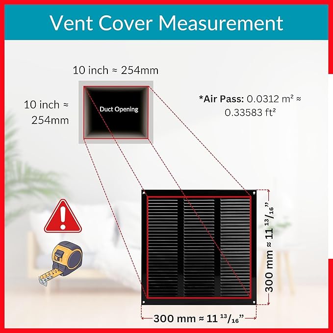 10x10 Vent Cover (duct opening) - Black HVAC Return Air Grille for Wall and Ceiling - Metal AC Vent Cover with Mesh - Rectangular Ventilation Registe - External Dimensions: 11.81" W x 11.81" H - Image 6