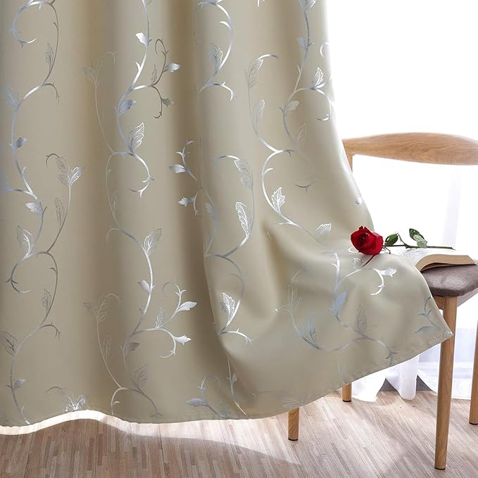 BUHUA Silver Grey Blackout Curtain 2 Panel Set Vine Foil Print Thermal Insulated Drapes Room Darkening Curtains Grommet Window Treatment, 66 x 72 Inch, Beige - Image 3