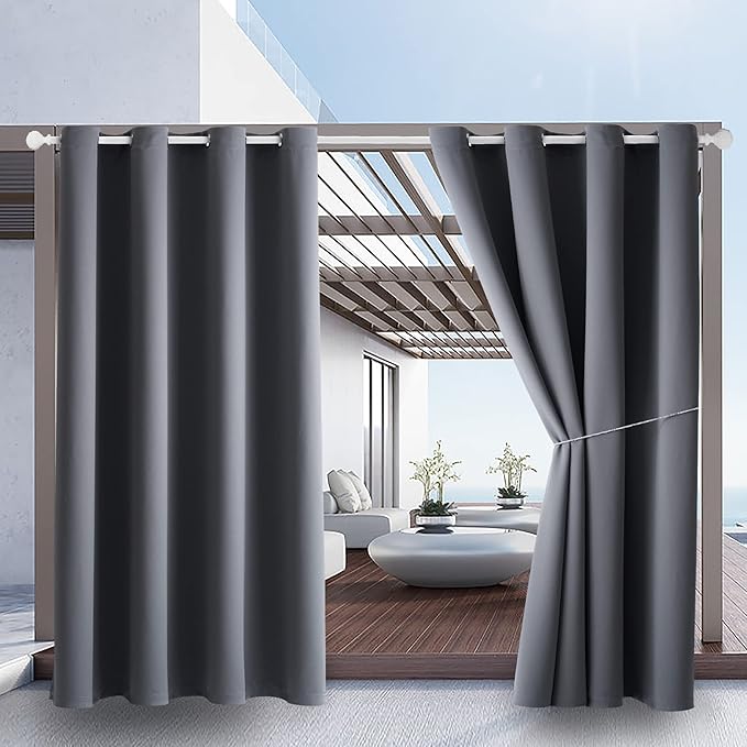 Outdoor Indoor Curtains W52 x L132 for Patio - Weather-resistant Window Panels Privacy Protect Grommet Top Thermal Insulated Home Curtain for Porch Pergola Lawn Garden Hot Tub Area (Gray, 2 Panels) by DivaenCamino
