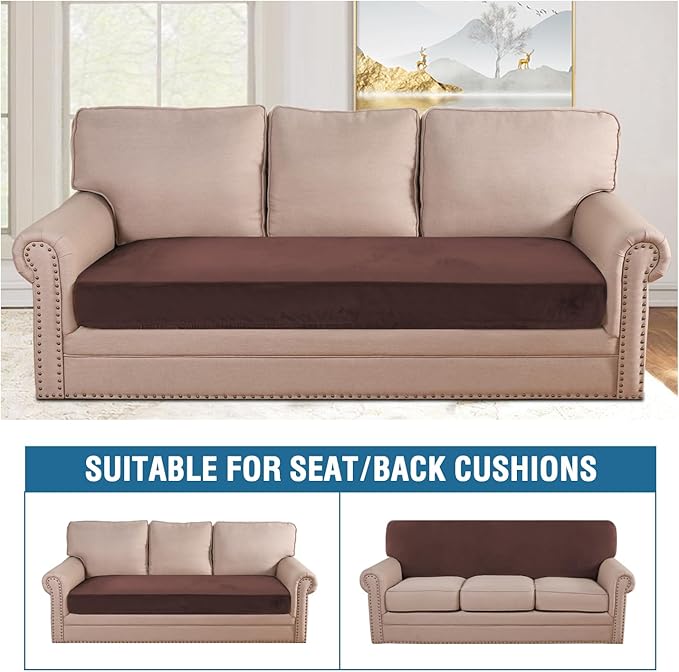 H.VERSAILTEX Velvet Stretch Individual Couch Cushion Cover Plush Cushion Slipcover for Loveseat Sofa Cushion Furniture Protector Seat Cushion Sofa Cover (1 Piece Sofa Cushion Cover, Brown) - Image 3