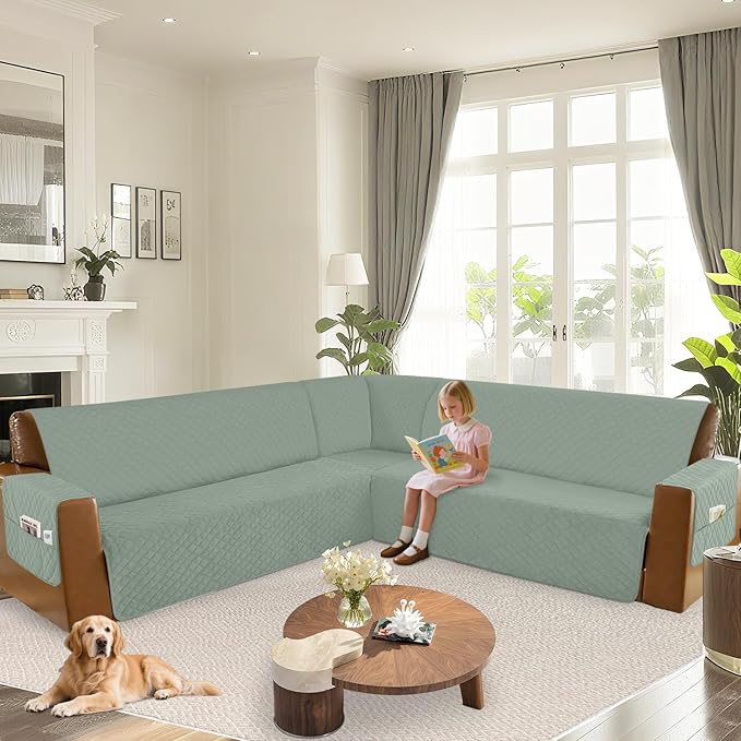 Arfntevss Waterproof Sectional Couch Covers L Shape Washable Velvet Sofa Cover for Sectional Non Slip Large Corner Slipcovers Dog 6 Pcs Universal U Shaped Furniture Protector (Sage Green, Large) - Image 6