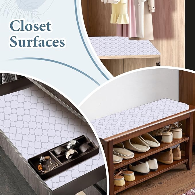 Shelf Liners for Kitchen Cabinets 12in x 20FT Non Adhesive Drawer Liner Silver Quatrefoil Shelf Liner Paper Strong Non-Slip Easy to Clean for Tool Box Refrigerator with Knife and Tape Measure - Image 6