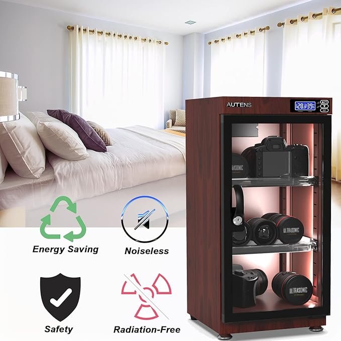 AUTENS 50L Dehumidifying Dry Cabinet Box, Wood grain Design Digital Control Noiseless and Energy Saving, for Camera Lens and Electronic Equipment Storage,Temperature Humidity LED Dual Screen - Image 4